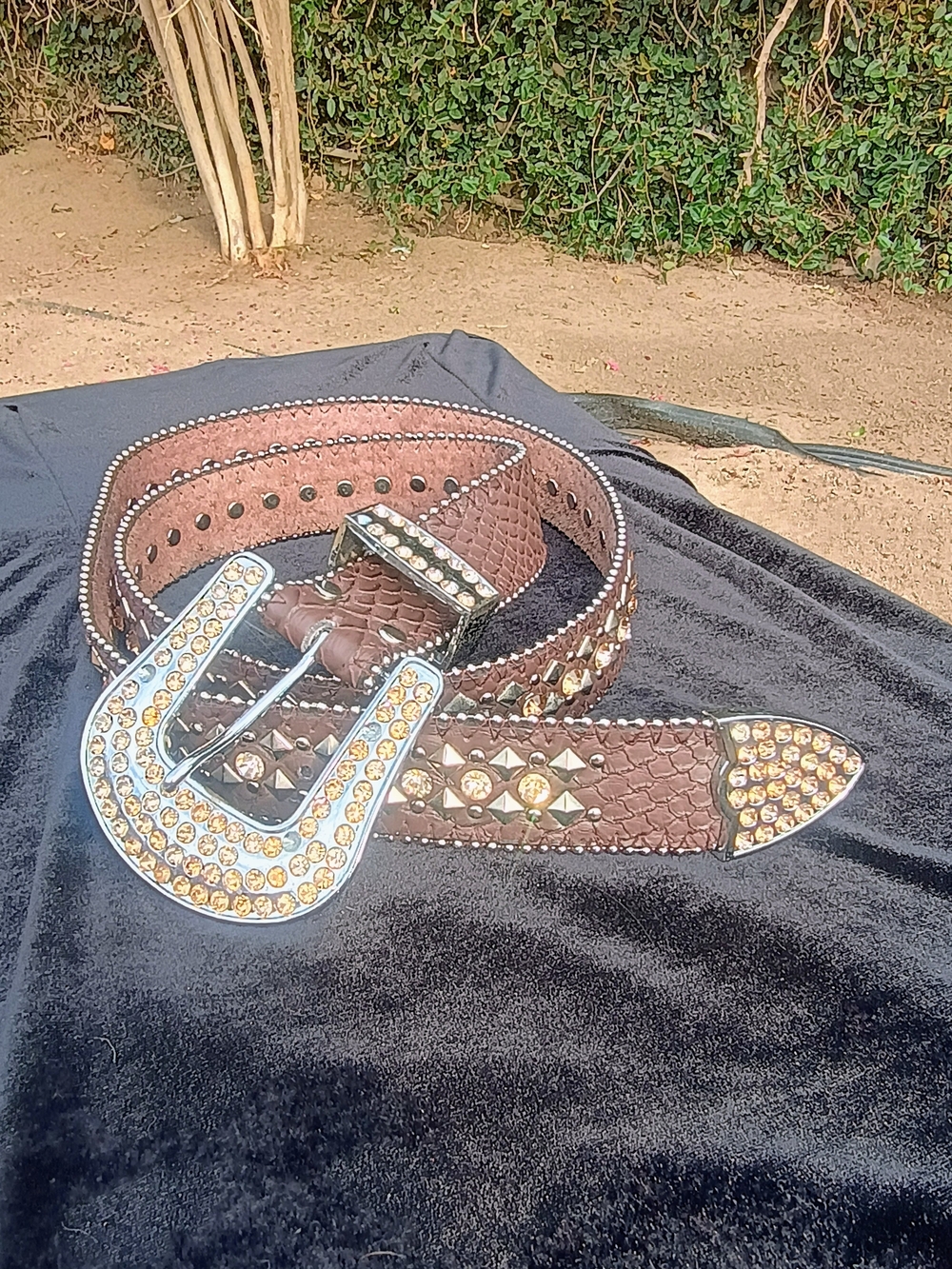 Embellished Brown Western-Style Belt with Crystal Buckle